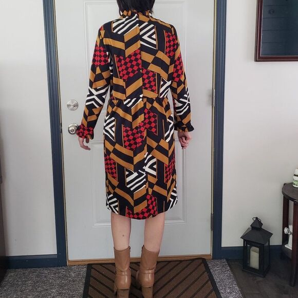 60s/70s Black, Red, and Brown Geometric Print Long Sleeve Dress - Picture 3 of 4